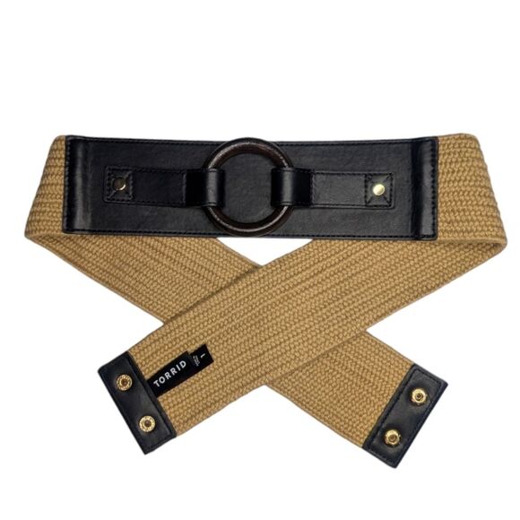 Women's NWOT Torrid Black Faux Leather & Tan Straw Stretch Belt, XL / Torrid 1 - Picture 1 of 7